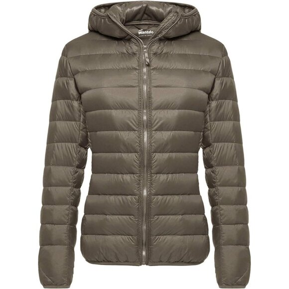Women's Light Coffee Short Down Hooded Puffer Jacket Coat Fabric Packable Ultra